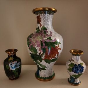 Chinese cloisonne vases. Large is about 9 in, smalls are about 4 inches tall.